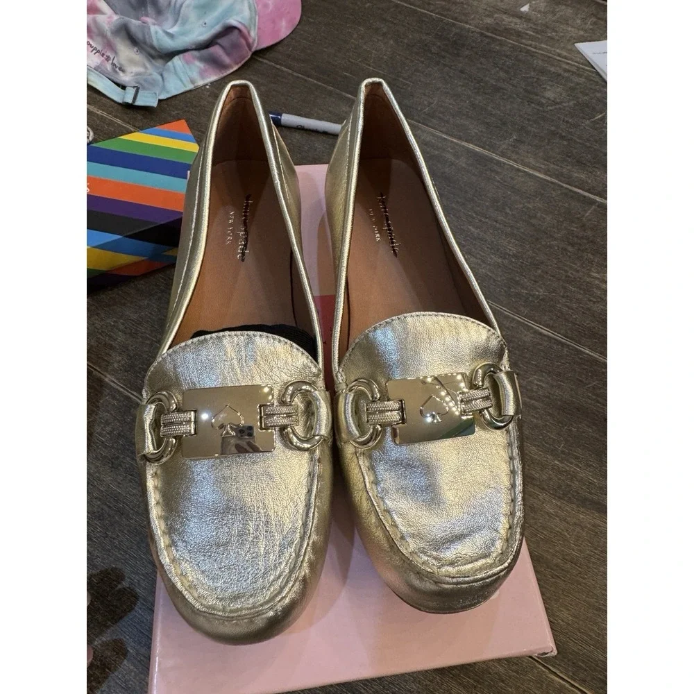 KATE SPADE NEW YORK Women Gold Carson Round Toe Slip On Leather Loafers Size 7.5 - Picture 9 of 15